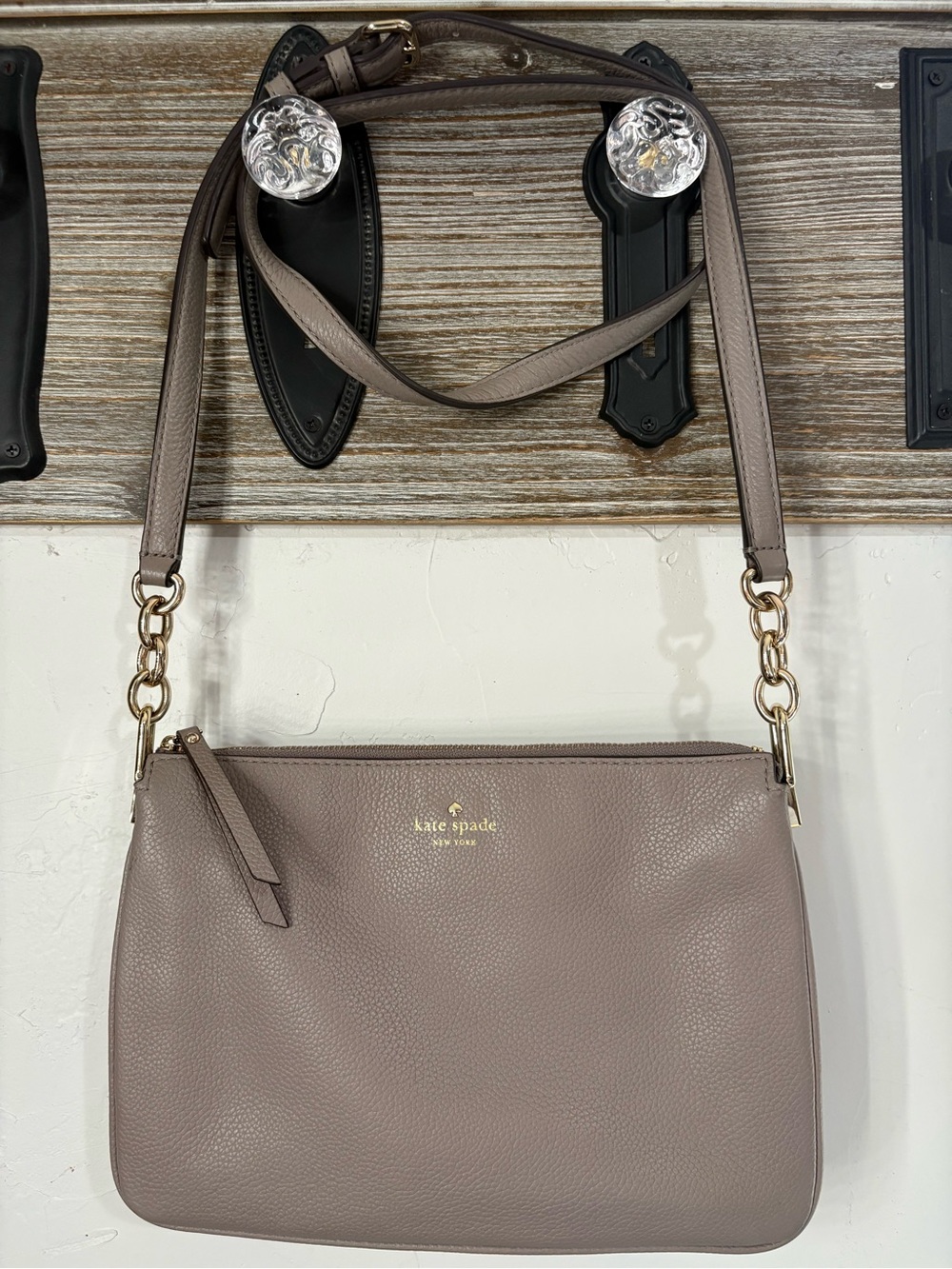 kate spade Pebbled Leather Crossbody in Taupe with Gold Hardware